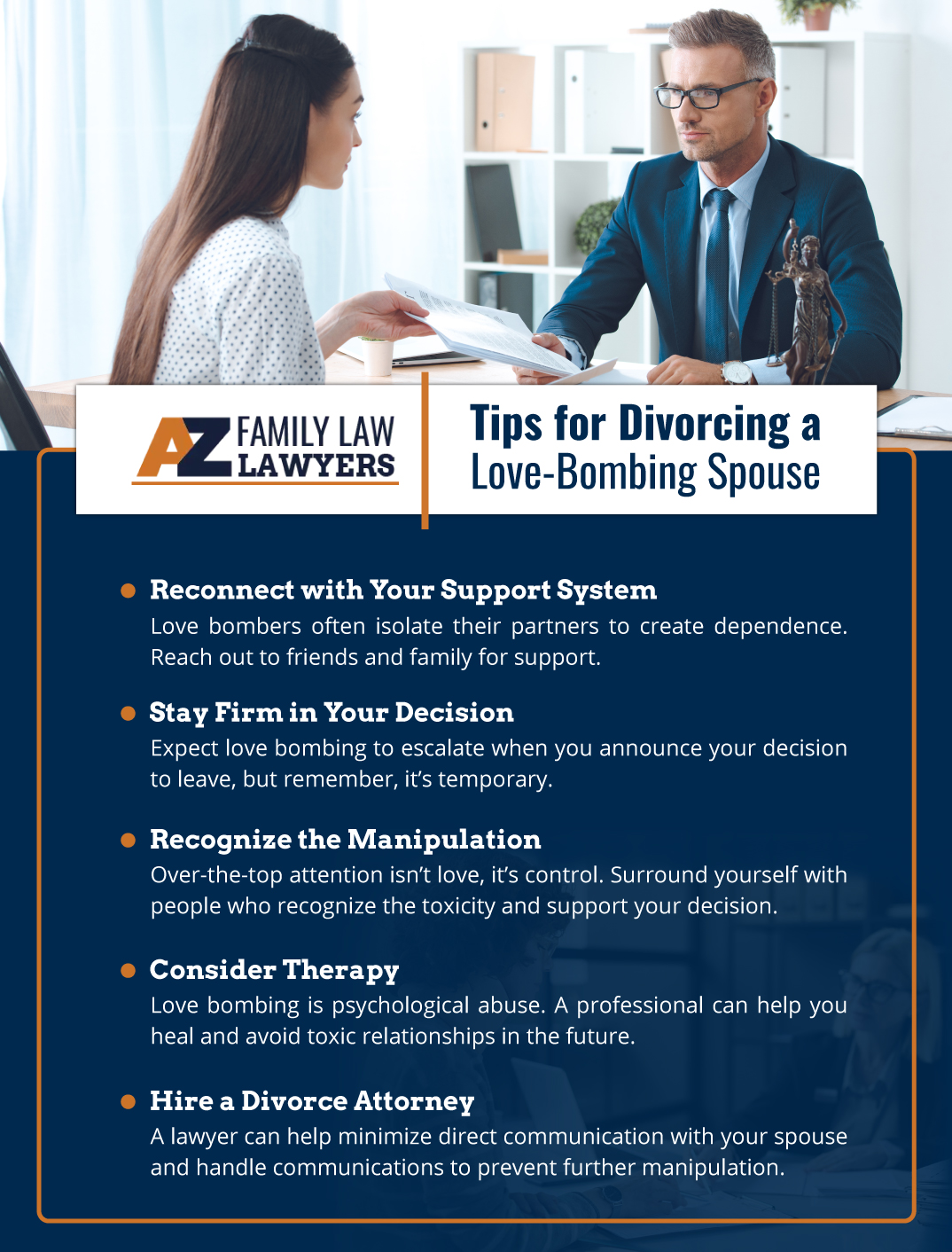 Infographic that shows Tips For Divorcing a Spouse That Love Bombs