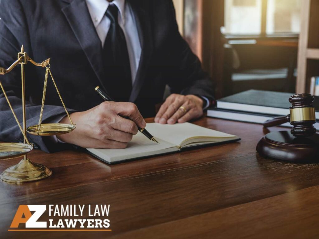 AZ Family Law Lawyer reviews Dismissal Calendars at a desk with legal scales and gavel