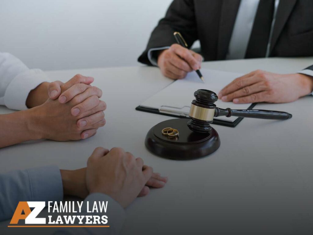 Couple discussing divorce with a family law attorney, symbolizing legal advice and support in Arizona divorce cases
