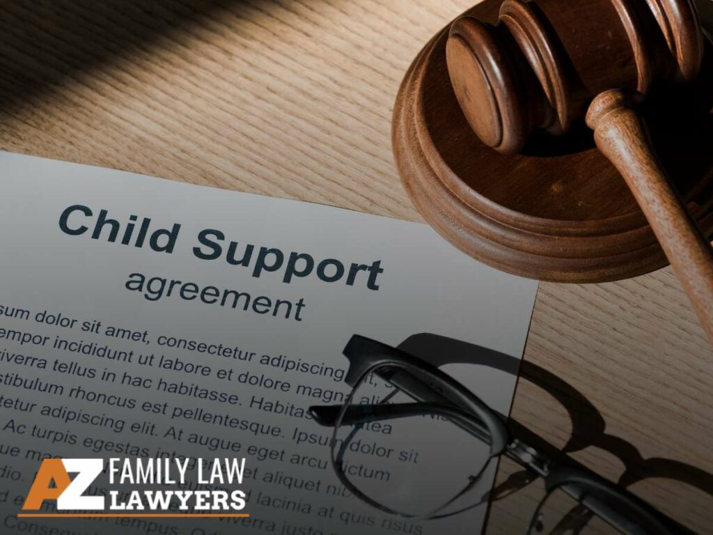 Child support agreement with gavel and glasses
